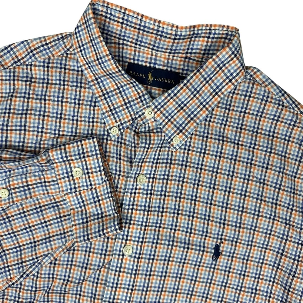 Ralph Lauren Mens XL Shirt Tattersall Plaid Blue Orange Button Down Classic Fit‎